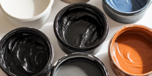 Top view of containers with colored slips inside sitting on a white table