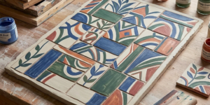 Hand-painted ceramic tiles with colorful geometric and botanical patterns